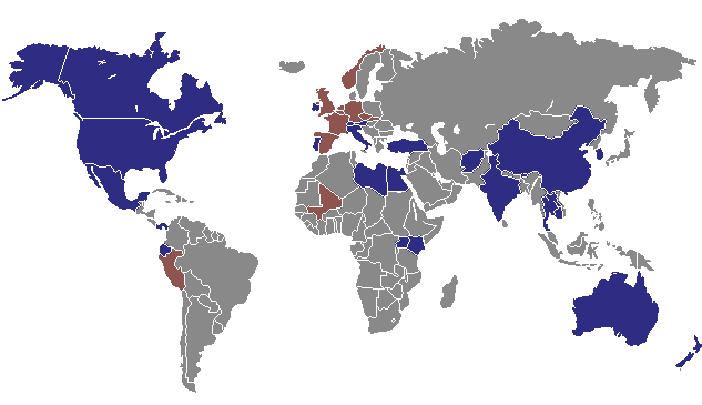 Click to view countries that have been visited by our duck (red) and readers (blue)